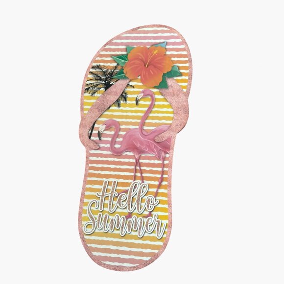 Hello Summer Flip Flop  Sign Tropical Pink Flamingos Luau Beach Patio Pool - Picture 1 of 8